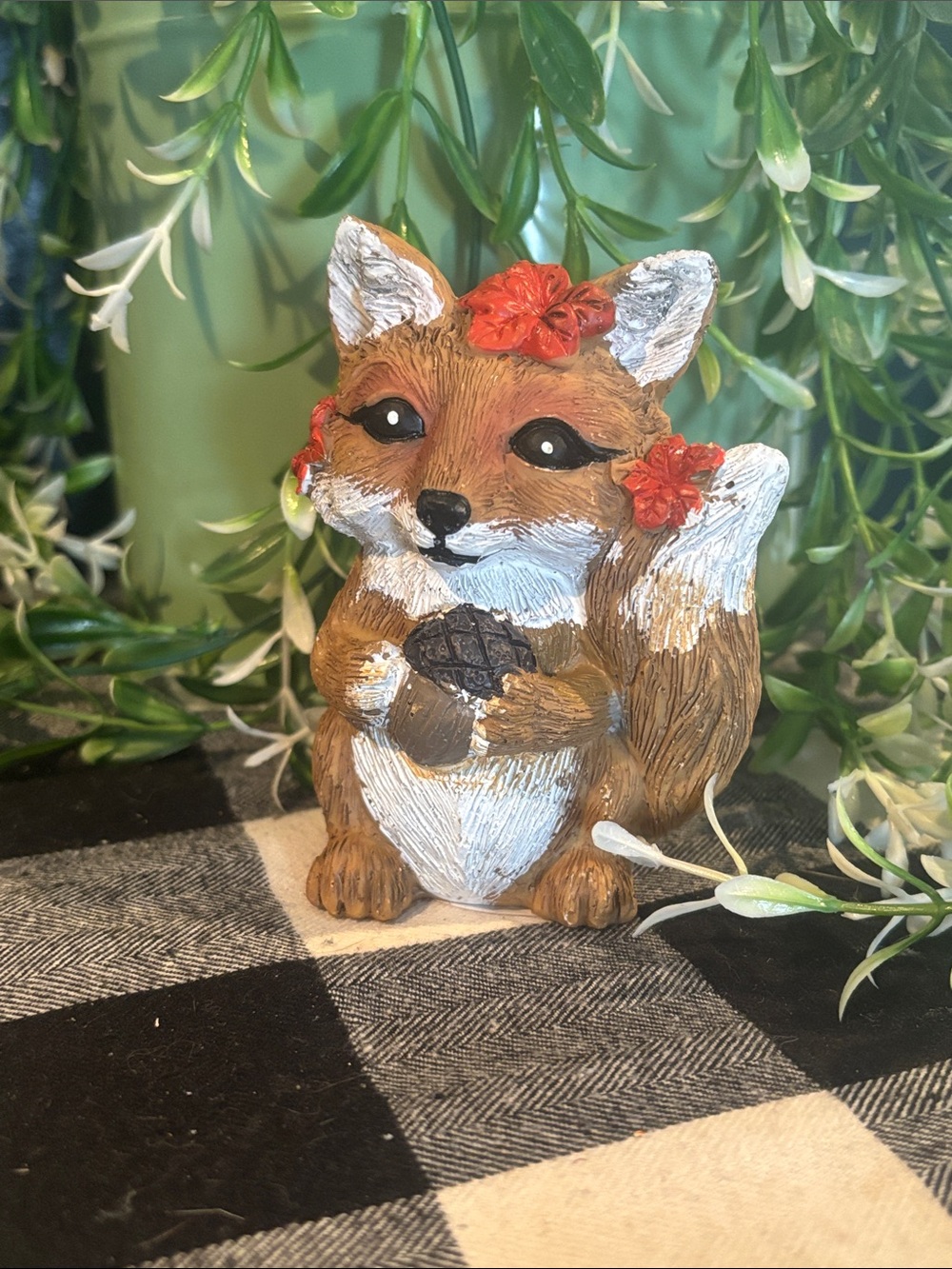 Adorable Fox Figurine with Red Flower Accents